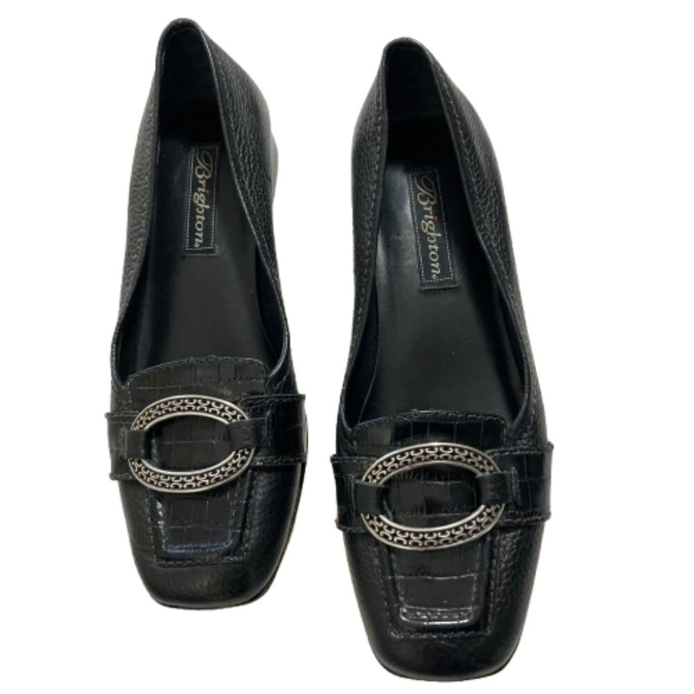 Brighton Black Leather Loafers Embossed Classic Old Money Square Toes Retro sz 7